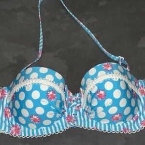 Blue Polka Dot Floral Bikini Top